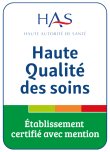 Logo officiel de la Haute Autorité de Santé (HAS) accompagné de la mention Établissement certifié Haute Qualité des soins avec mention.